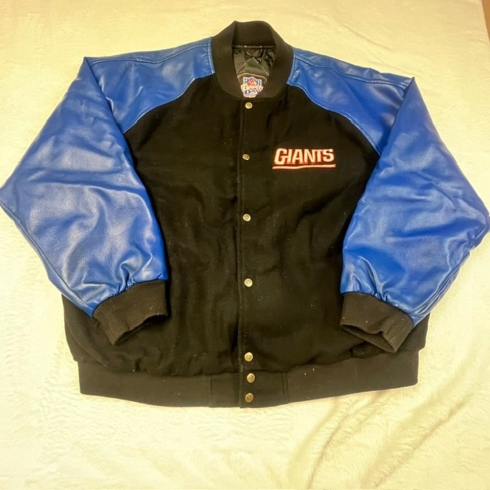 Vintage NFL New York Giants Varsity Jacket Essex Mfg Black Blue Faux Leather XXL